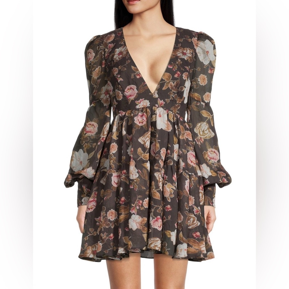 Bardot Reign Floral BalloonSleeve Minidress Dark Vintage